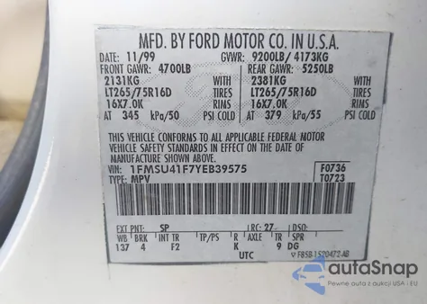2000 Ford Excursion Xlt z USA, uszkodzony, nr VIN 1FMSU41F7YEB39575